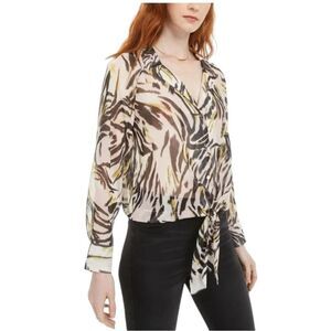 Bar III Animal Print Long Sleeve Sheer Blouse